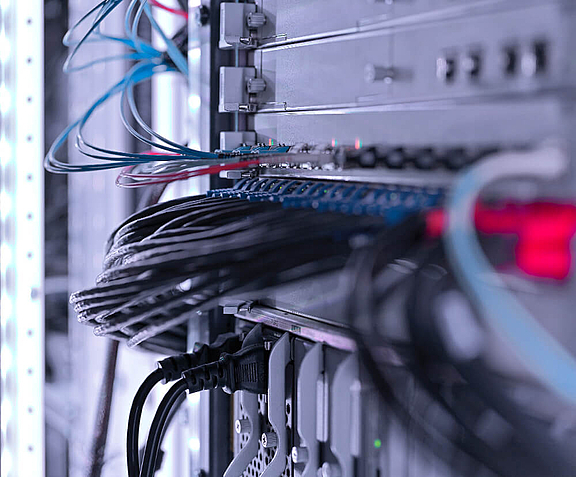 Close-up of cable connections in a server rack